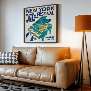 New York Jazz Festival print framed on a wall above a tan leather sofa with a black and white cushion