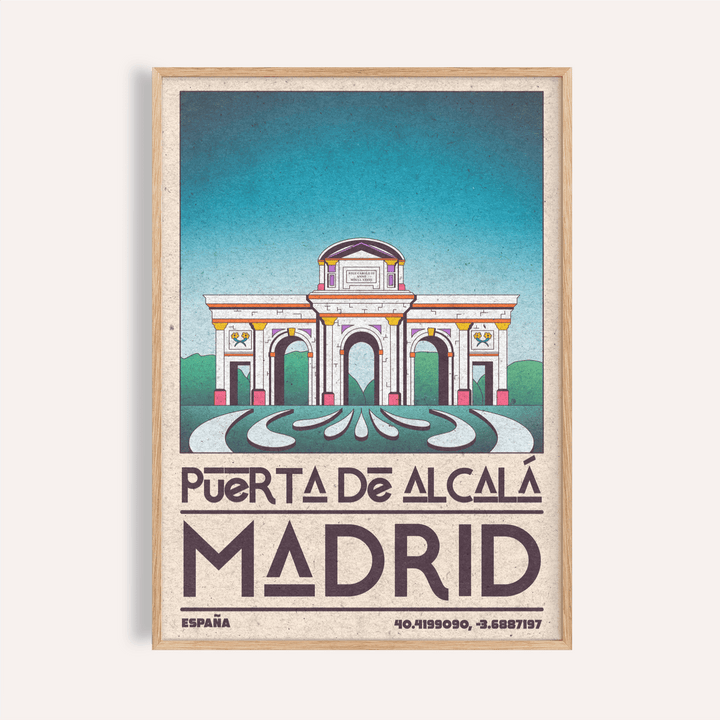 Framed Madrid Architecture Poster of the Puerta de Alcalá gateway with blue sky and retro style