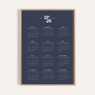 Minimalist Calendar with 2026 year and months in white and orange on dark blue background