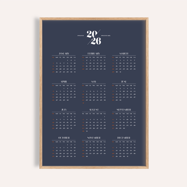 Minimalist Calendar with 2026 year and months in white and orange on dark blue background