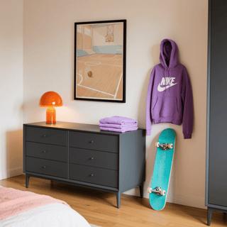 Vintage Basketball wall art in a black frame above a grey chest with an orange lamp in a bedroom