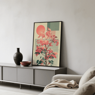 Abstract Flower Print leaning print showing a flowering branch with coral pink flowers on a green sideboard with a dark vase