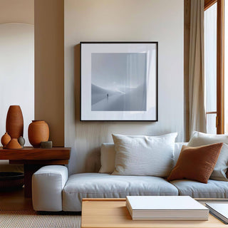 Gray and White Wall Art framed print close-up of minimalist abstract person on a winding path above a sofa
