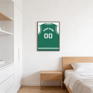 Basketball Jersey Poster in Green with White Number hanging above a wooden bedside table in a bedroom