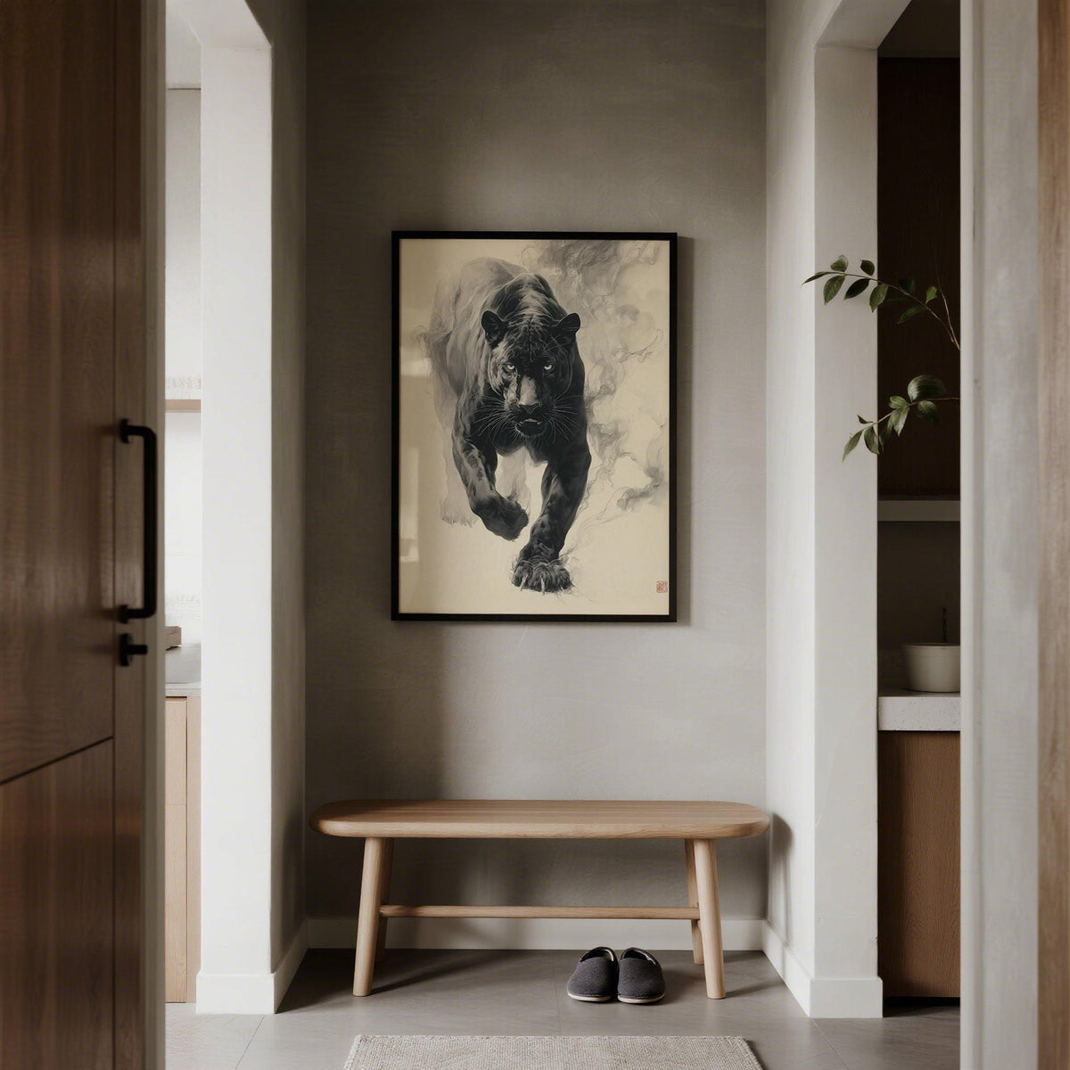 Traditional Japanese Ink Art wall art of a black panther in ink tones above a wooden bench with slippers on the floor