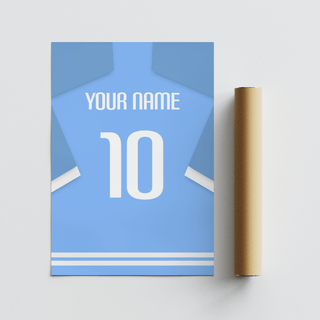 Rolled print with packaging tube showing minimalist light blue football shirt with white sleeve stripes