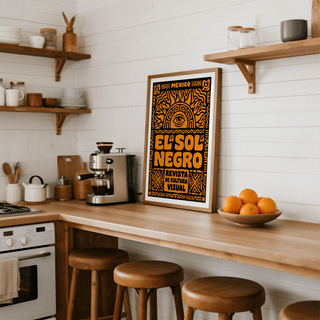 Mexican Culture Art Print leaning on a wooden kitchen counter with a bowl of oranges nearby