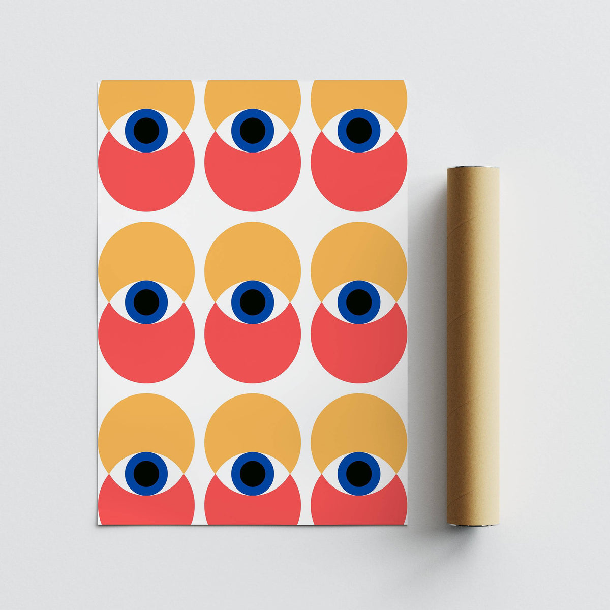Rolled print with packaging tube of an abstract eyes pattern in orange and red Wall Art Eye