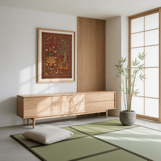 Indian Folk Art Print hanging above wooden sideboard with a green potted plant in a bright room