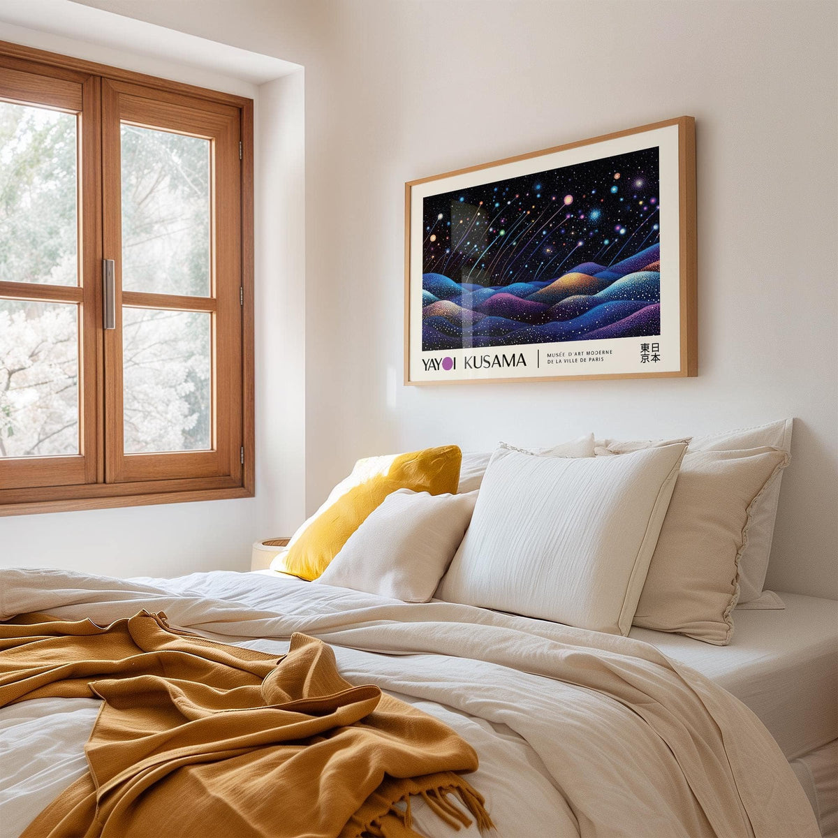 Landscape print surreal illustration of shooting stars over colourful hills above a bed with cushions