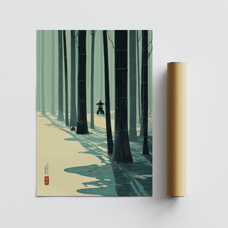 Japanese Bamboo Wall Art rolled print beside a brown packaging tube showing a minimalist bamboo forest illustration