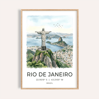 Framed Cristo Redentor Poster of the Christ the Redeemer statue in watercolour style with blue sky background