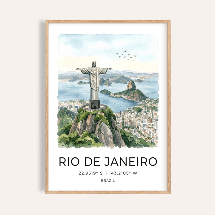 Framed Cristo Redentor Poster of the Christ the Redeemer statue in watercolour style with blue sky background