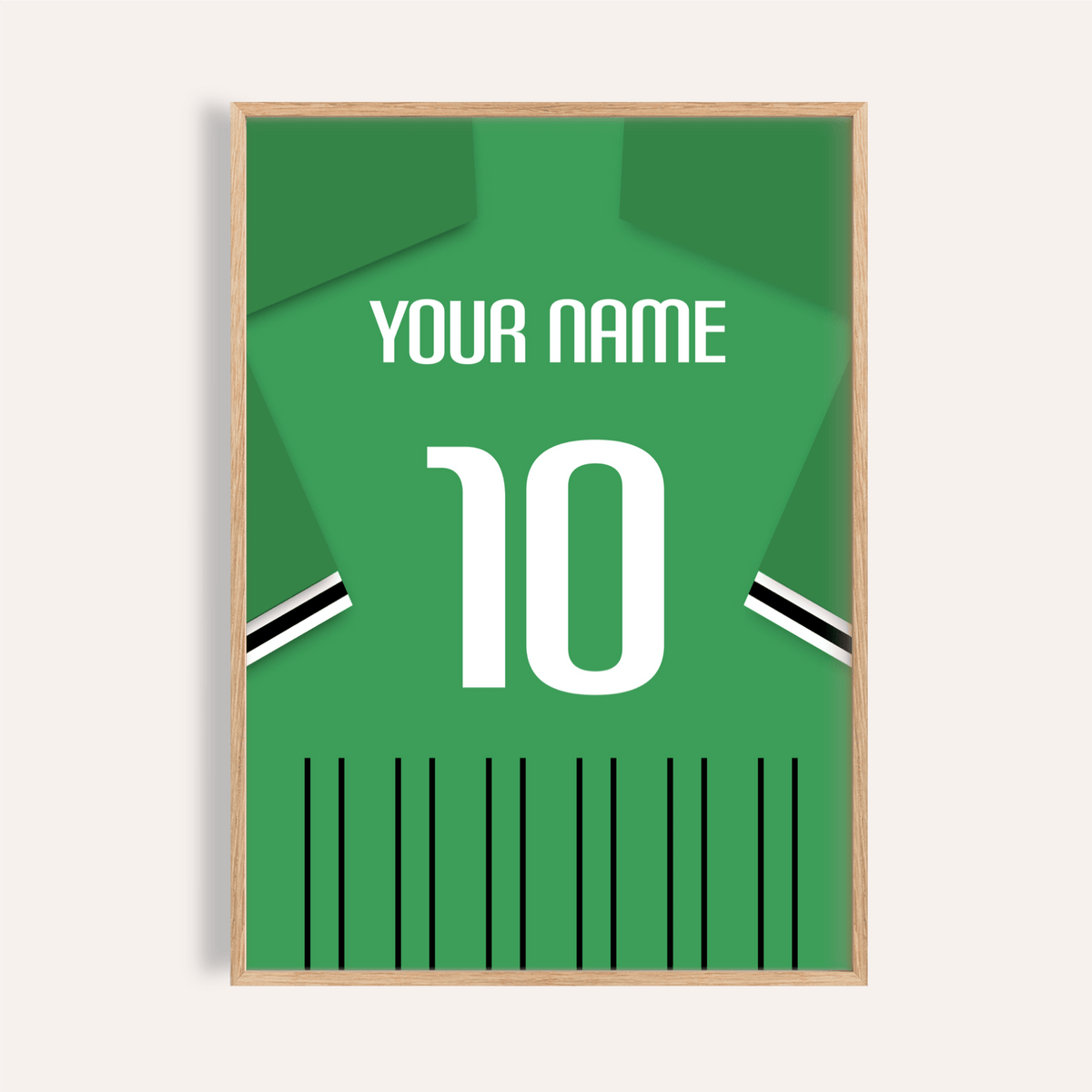 Framed Football Shirt Poster in Green with Black and White Sleeve Stripes showing the back with number 10 and customizable name