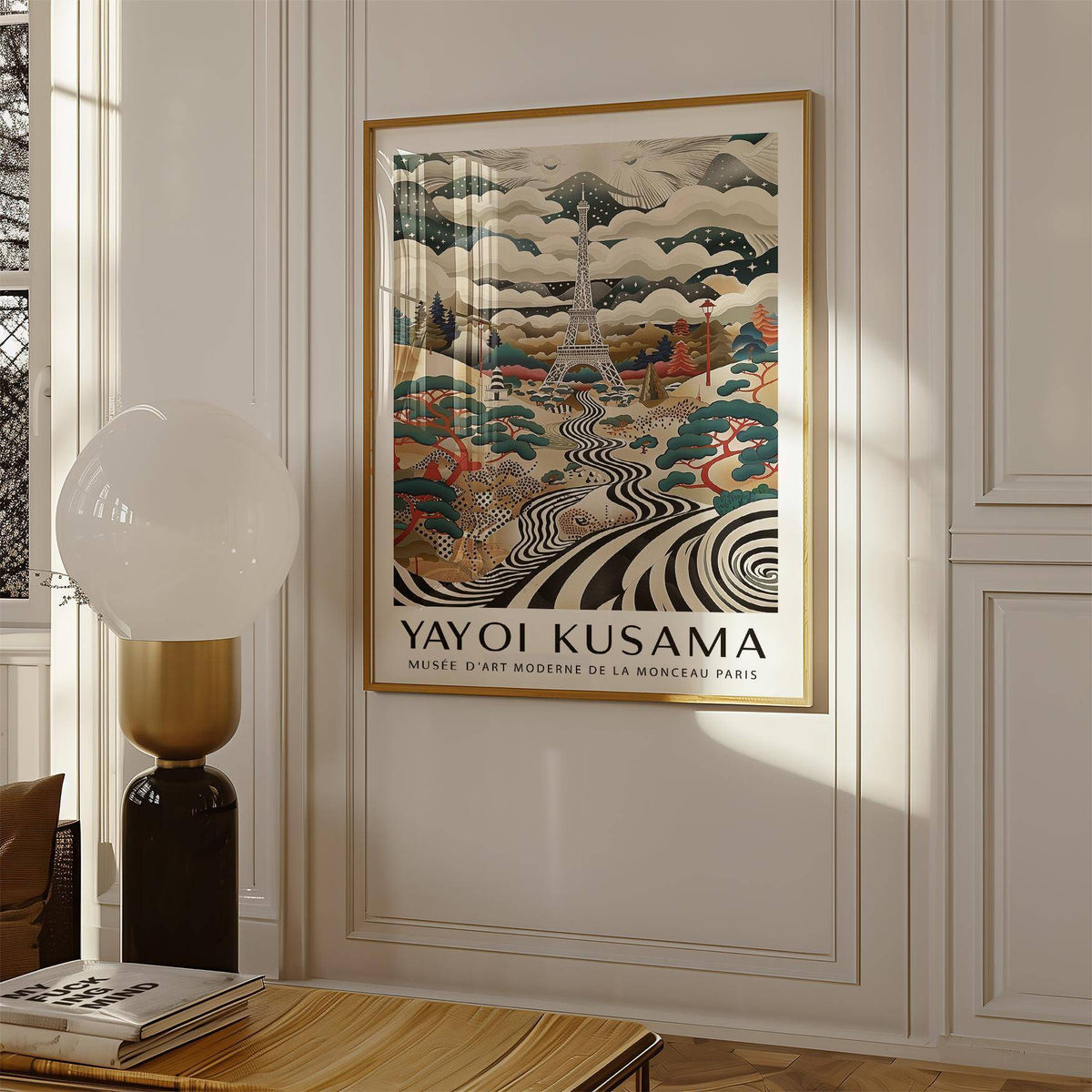 Eiffel Tower Art framed print with surreal monochrome and muted colours beside a modern lamp