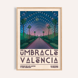 Framed close-up of Poster Valencia with Spanish pathway and arches in green and blue tones