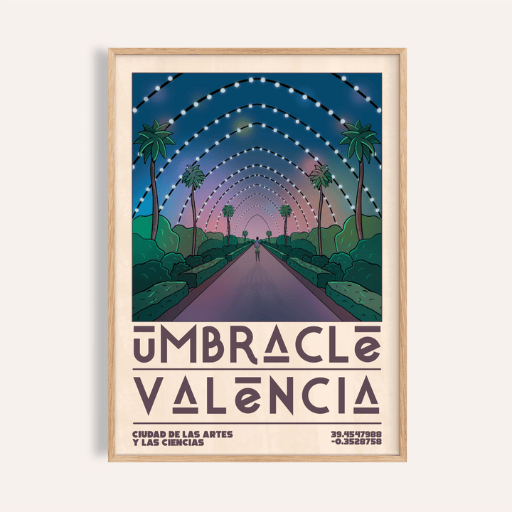 Framed close-up of Poster Valencia with Spanish pathway and arches in green and blue tones