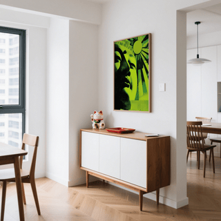 Zen Face wall art featuring a pop-art style green Buddha face above a mid-century cabinet with a lucky cat