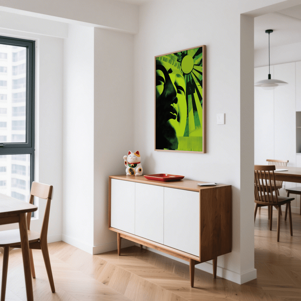 Zen Face wall art featuring a pop-art style green Buddha face above a mid-century cabinet with a lucky cat