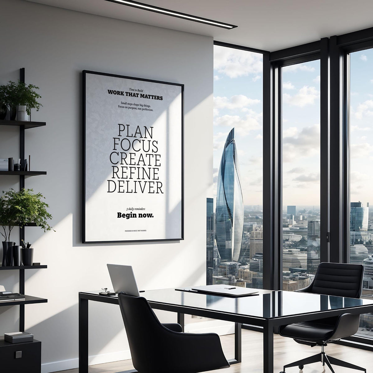 Motivate Quote Poster framed print with black text in a modern office with city view