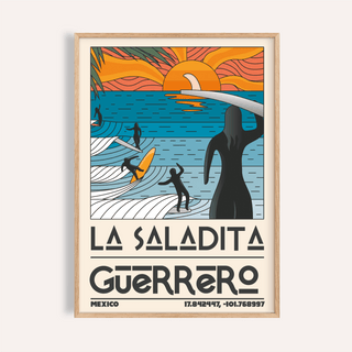 Framed Surfing Sunset Print showing a minimalist retro illustration of surfers in orange and blue tones