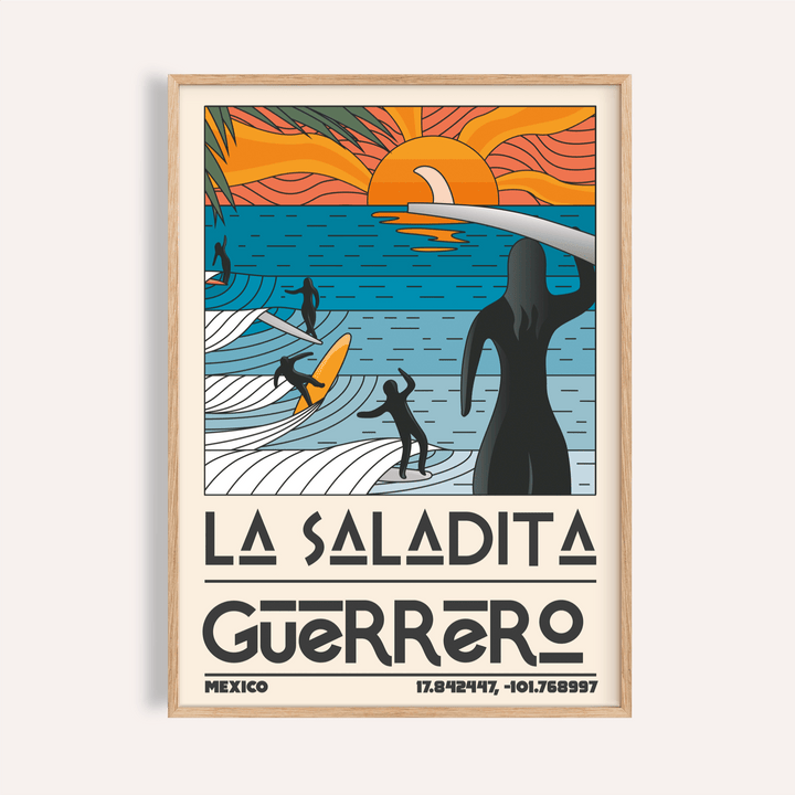 Framed Surfing Sunset Print showing a minimalist retro illustration of surfers in orange and blue tones