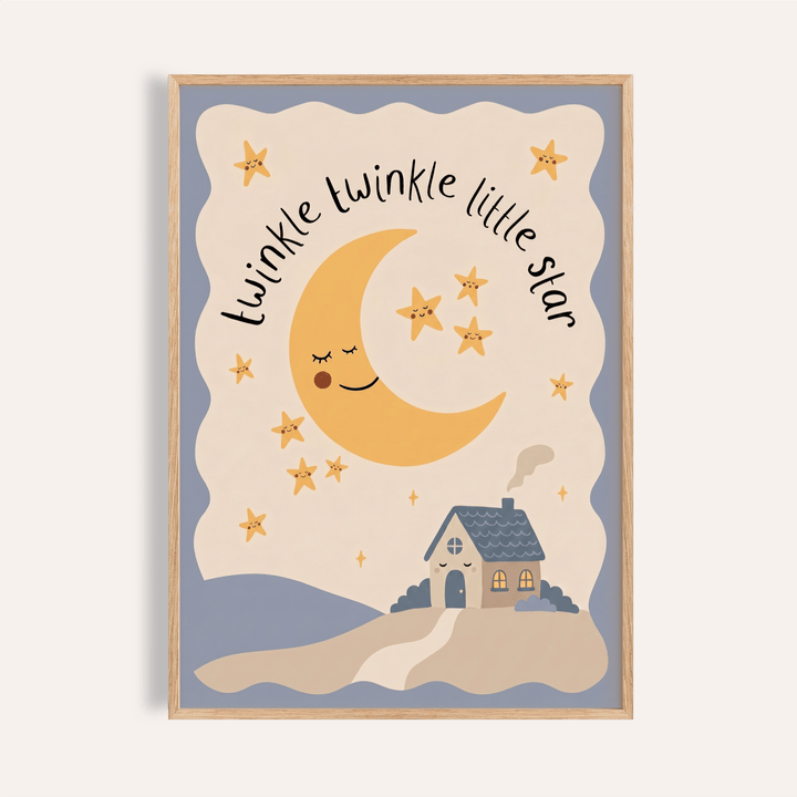 Framed Twinkle Twinkle Star Print with crescent moon and stars in muted yellow and blue tones