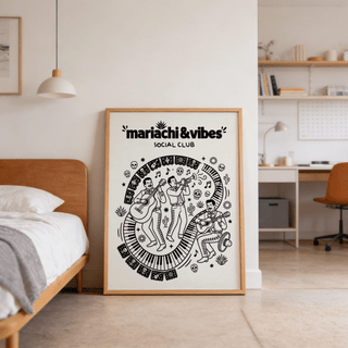 Print leaning on floor of Mariachi Art Print with musicians and black line art next to a wooden bed
