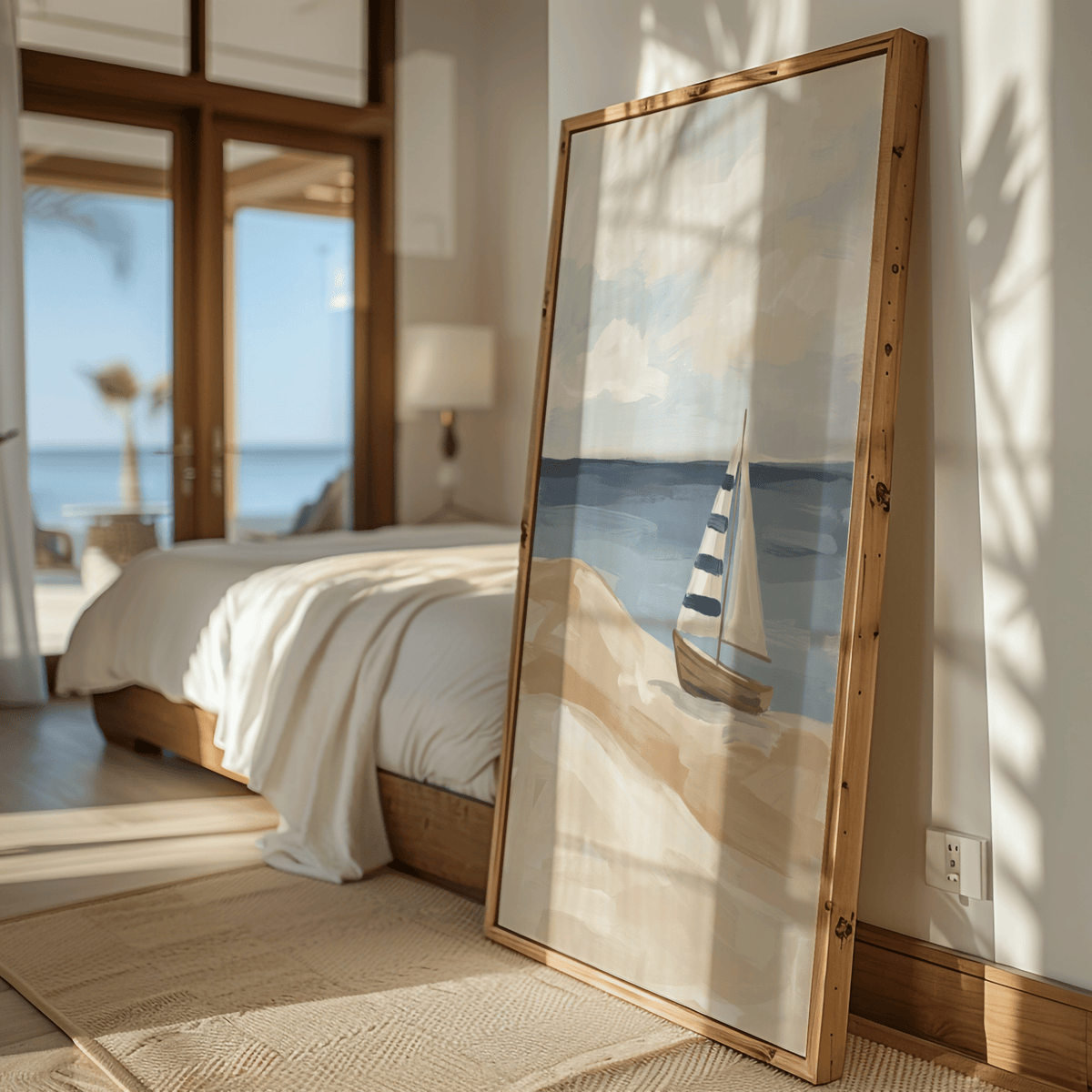 Print leaning on a shelf of a striped sailboat with clouds and sea in muted colours in a bedroom