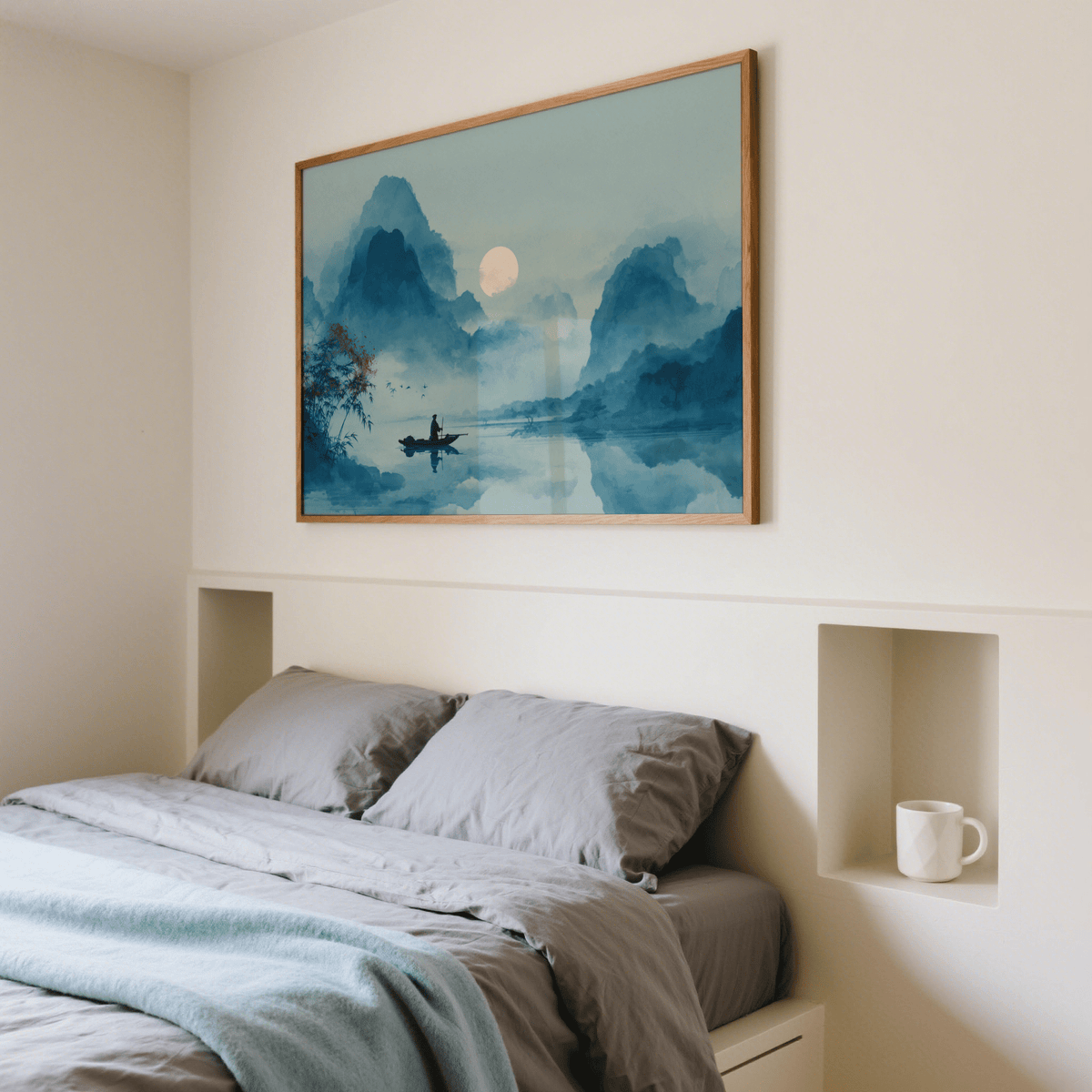 Serene Nature Poster print showing a fisherman on a river in shades of blue above a bed with grey bedding
