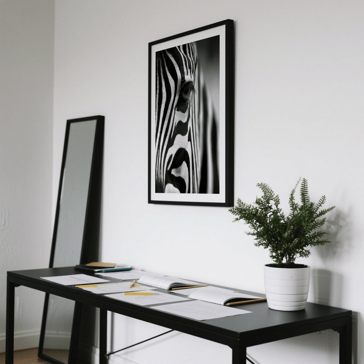 Wildlife Photography Poster framed print close-up of zebra stripes in black and white above a black table with a plant