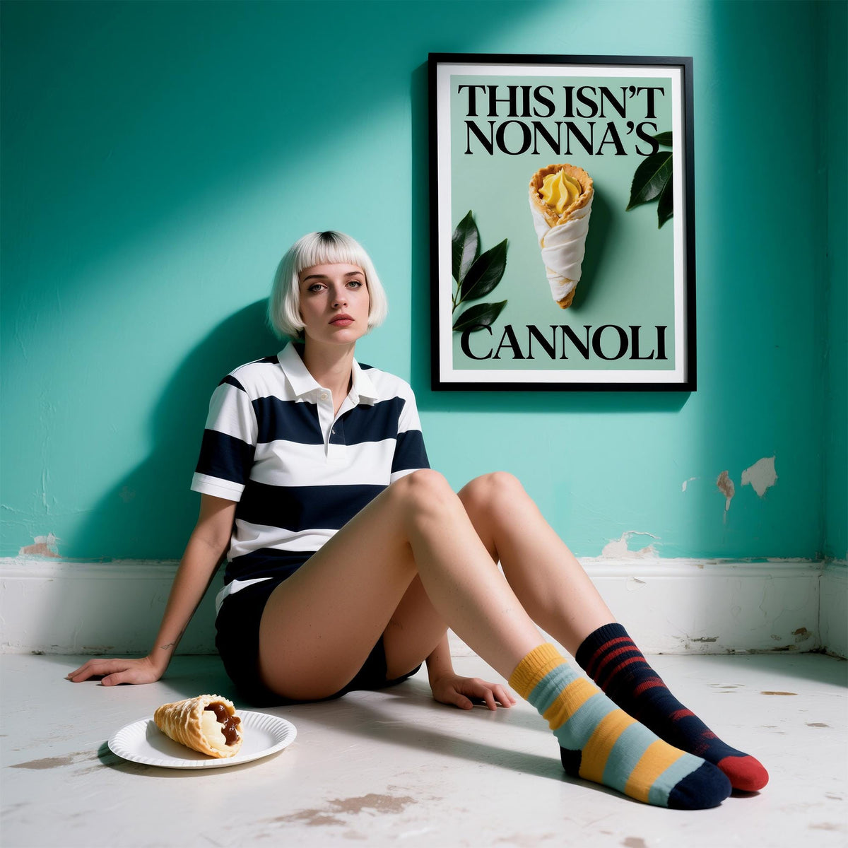 Italian Kitchen Art print with a cannoli and leaves on a teal wall above a woman in striped socks