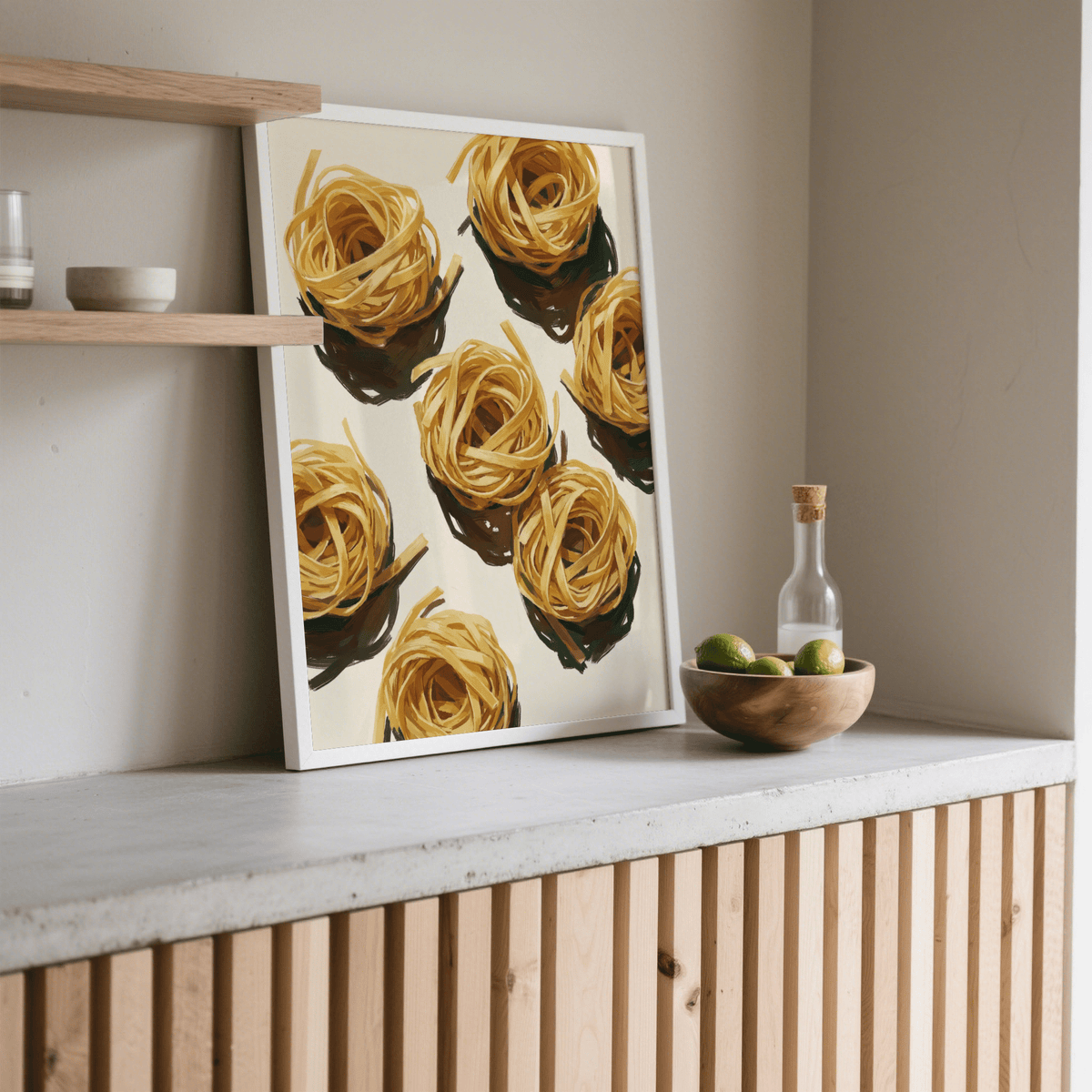 Fettuccine Print leaning on a shelf with a wooden bowl of limes and a glass bottle nearby