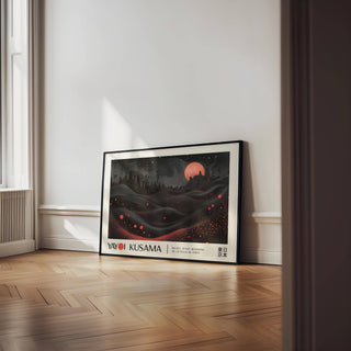 Moon Print leaning on a wooden floor with sunlight and white wall in the background