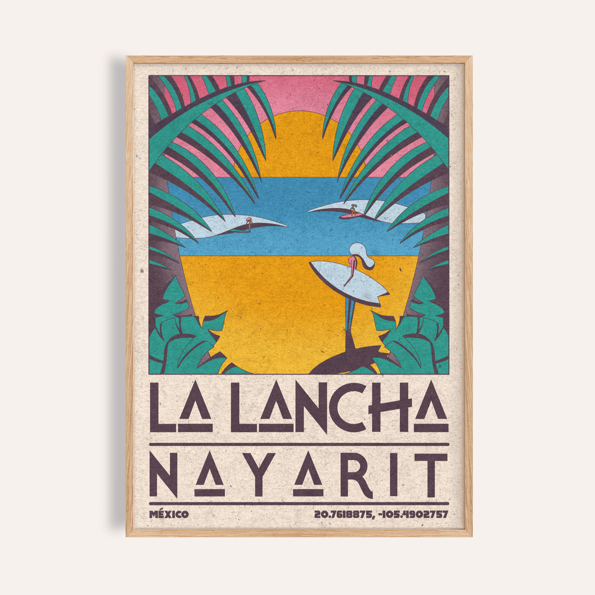 Framed close-up of Surfer Beach Art Print with retro style and vibrant sunset colours