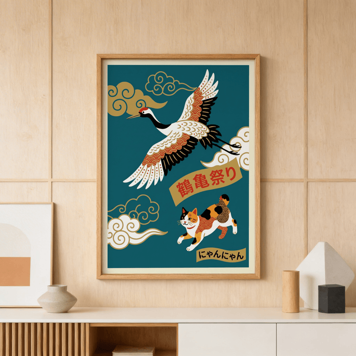 Calico Cat Poster framed print with flying crane and calico cat in Japanese-ink style above vases on a sideboard