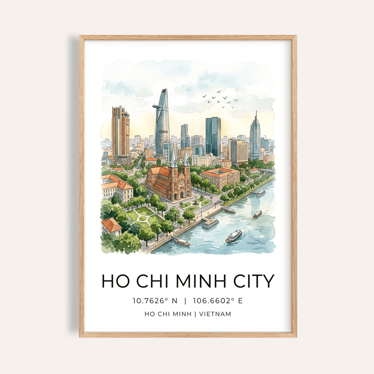 Framed Ho Chi Minh City wall art with skyline illustration in watercolour tones