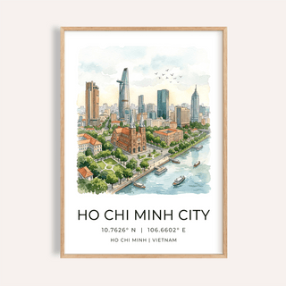 Framed Ho Chi Minh City wall art with skyline illustration in watercolour tones