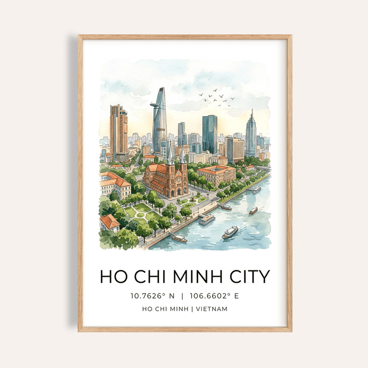 Framed Ho Chi Minh City wall art with skyline illustration in watercolour tones