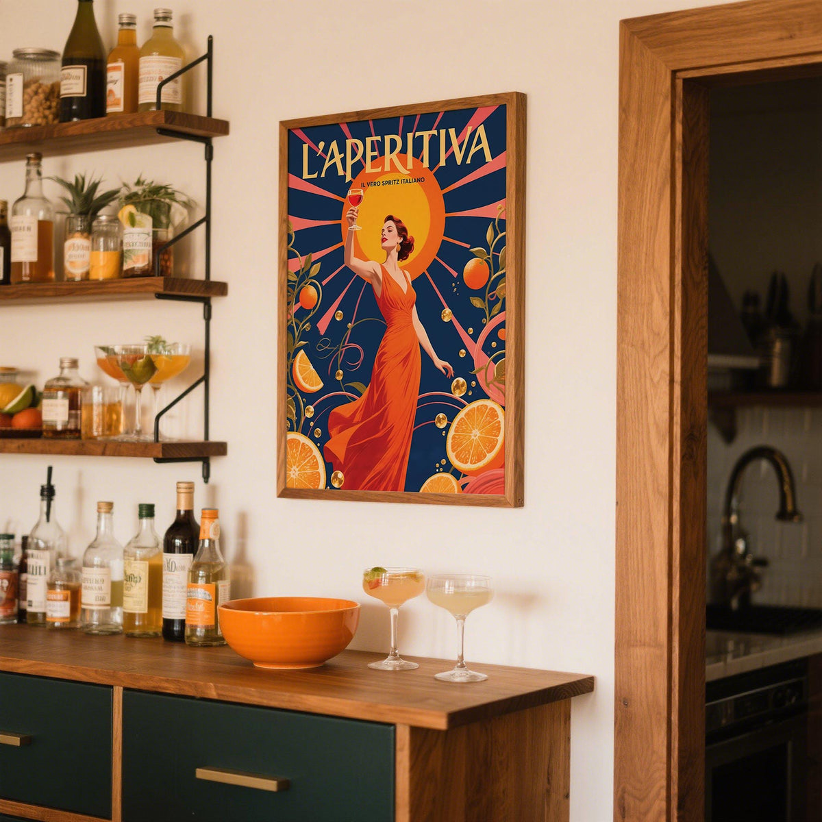 Spritz Gift print of a woman with an orange spritz in retro style above a bar