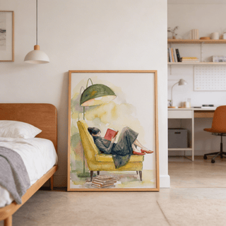 Woman Reading In Armchair Print leaning on floor by a bed in a bedroom with beige and wood tones