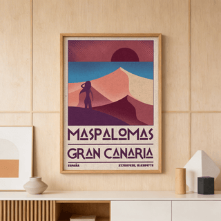 Maspalomas Vintage Wall Art framed print of sand dunes with figure in purple red and beige on a wooden wall
