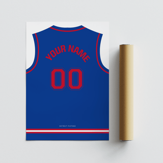 Basketball Jersey Poster in Blue with Red Number with a packaging tube on a grey background