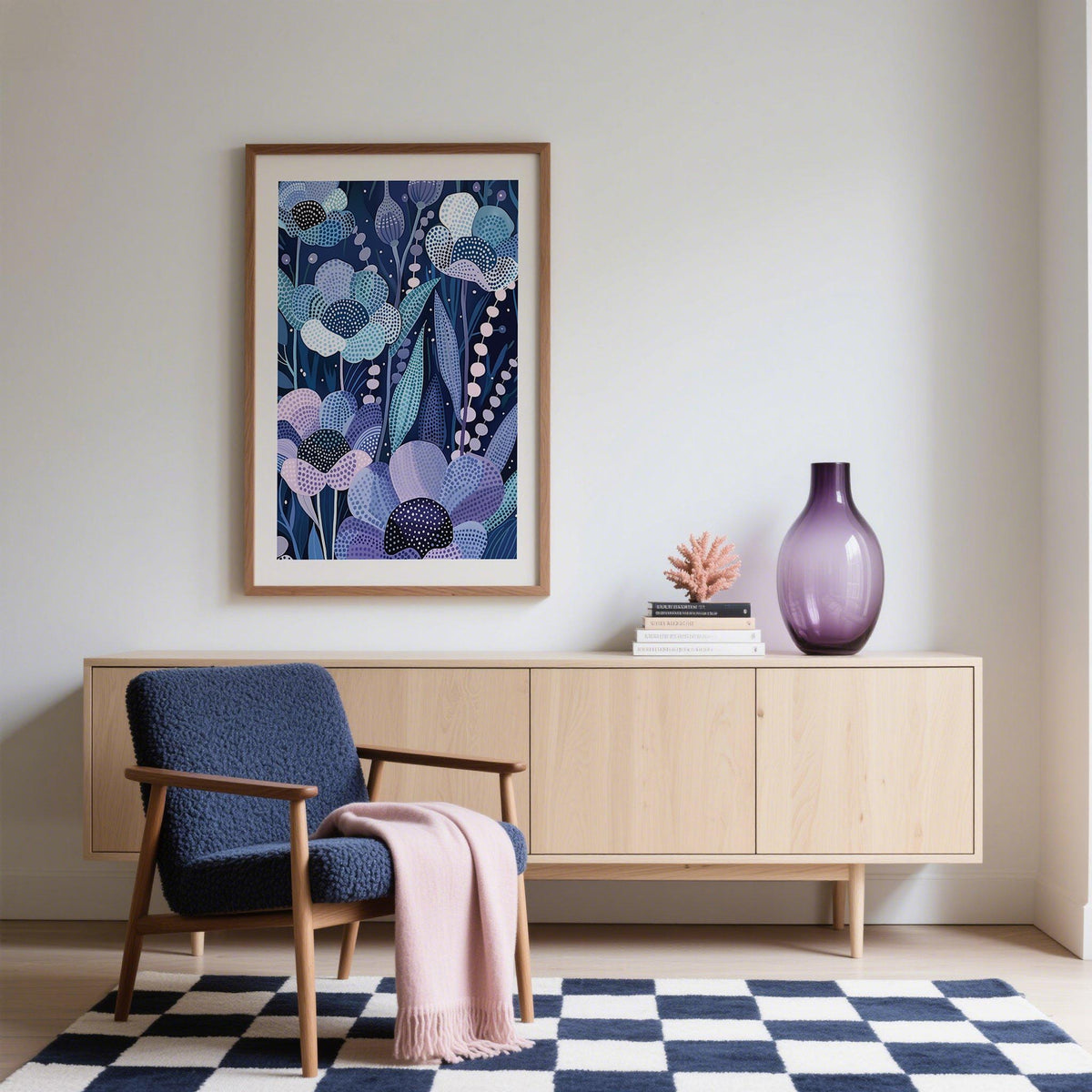 Modern Flower Art framed print of indigo and blue floral pattern above sideboard with purple vase