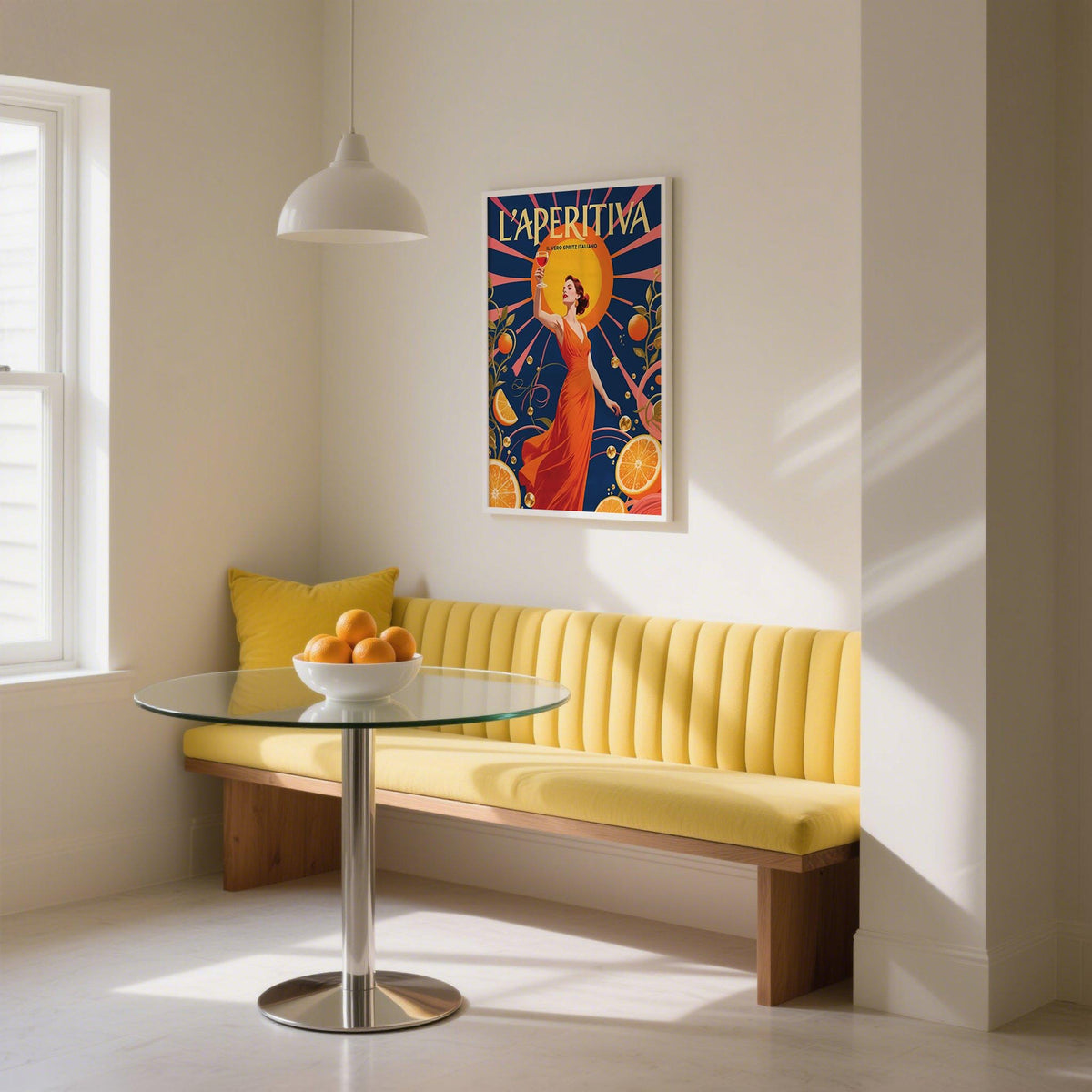 Spritz Gift wall art of a woman in a red dress with oranges in a bright dining corner