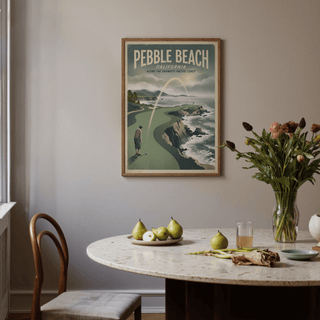 California Coastal Golf Print on a wall above a dining table with pears and flowers
