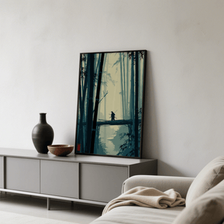 Japanese Bamboo Art Print leaning on a cabinet with a vase and bowl in a neutral living room