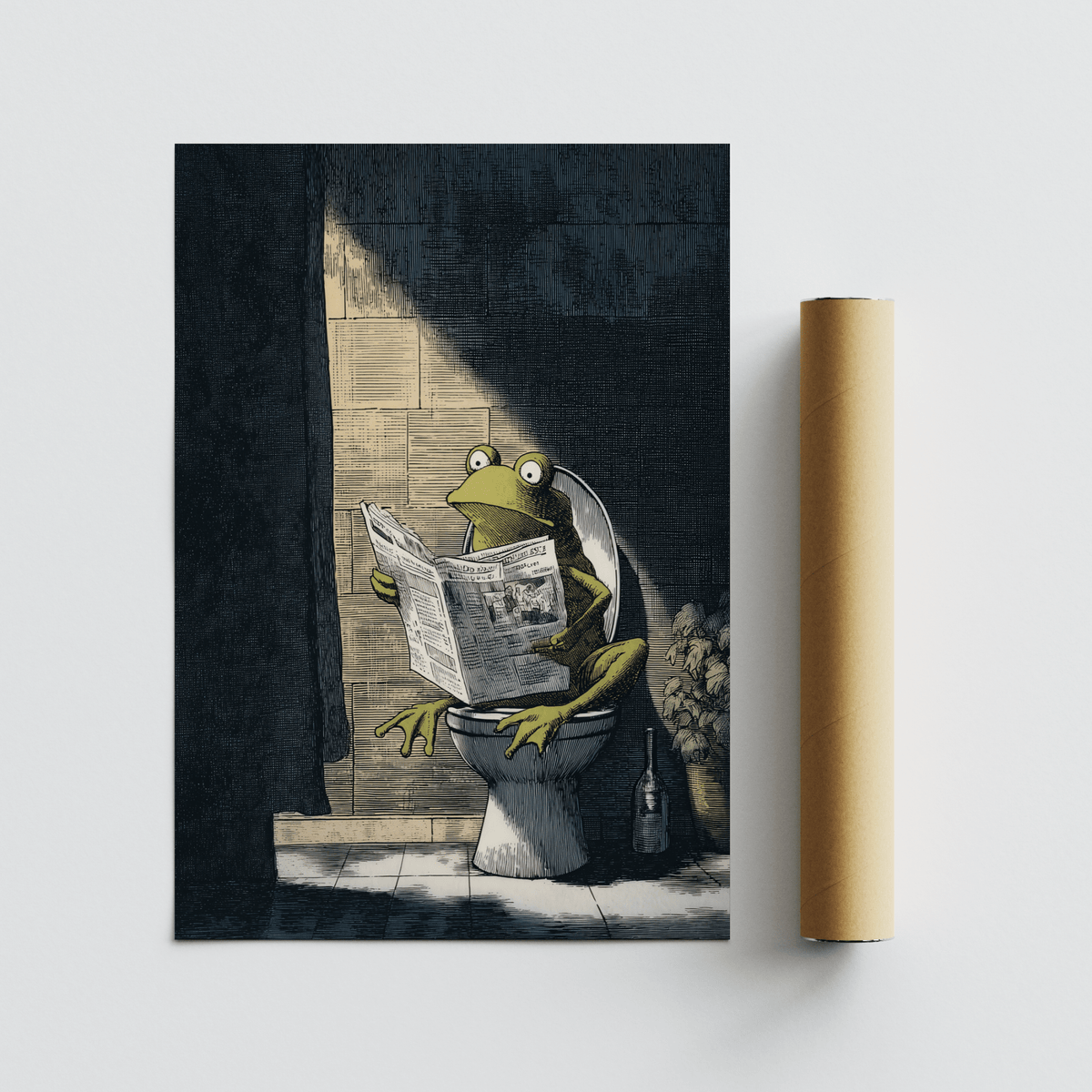 Funny Frog Art Print rolled print beside cardboard tube showing a frog reading newspaper on a toilet