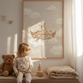 Print on a wall in a nursery of deer and rabbit in a boat with soft beige and white tones with a teddy bear nearby
