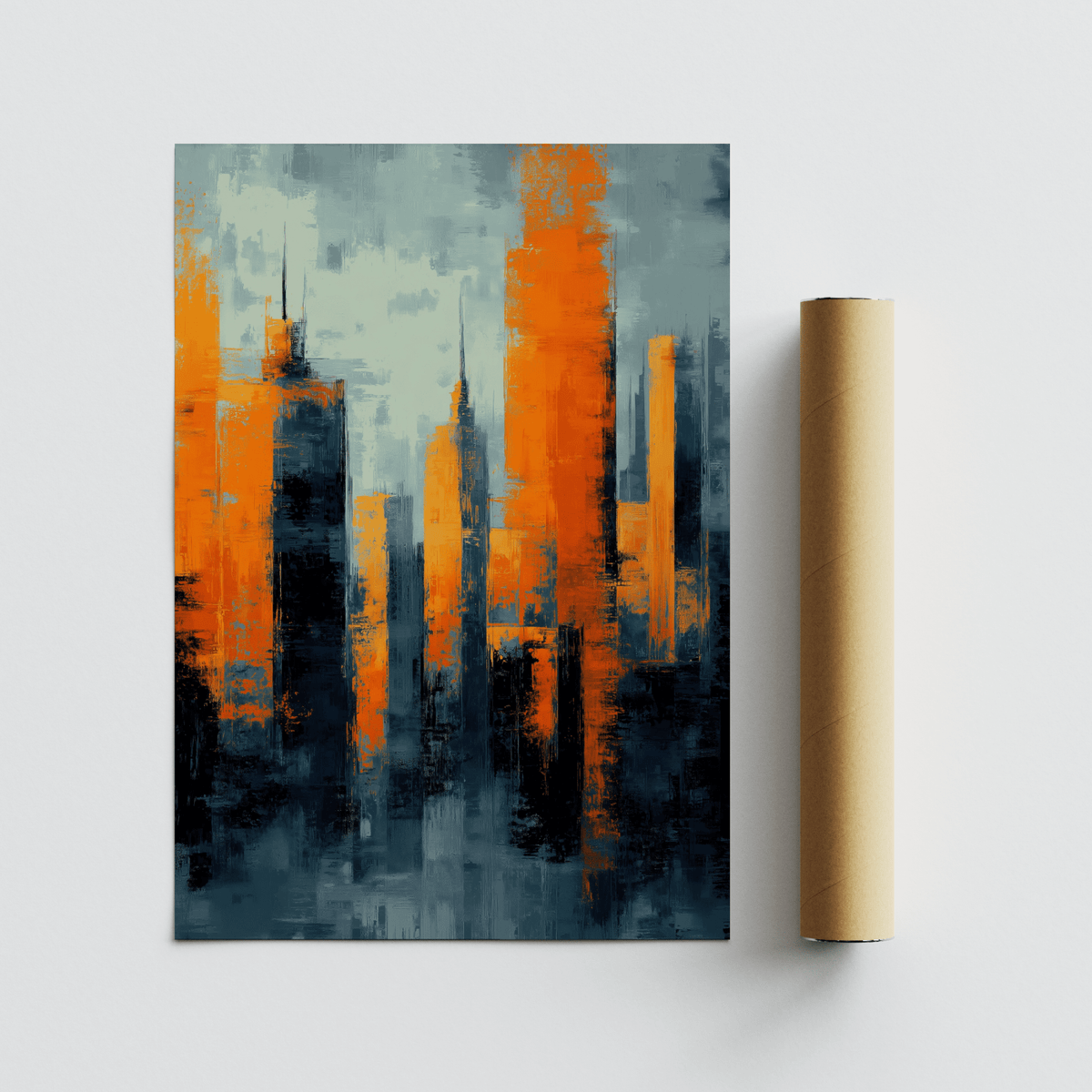 Contemporary Urban Art print of abstract skyscrapers in blue and orange with a packaging tube